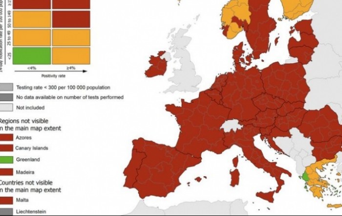EU uvodi tamno crvene zone na epidemiološku kartu Europe